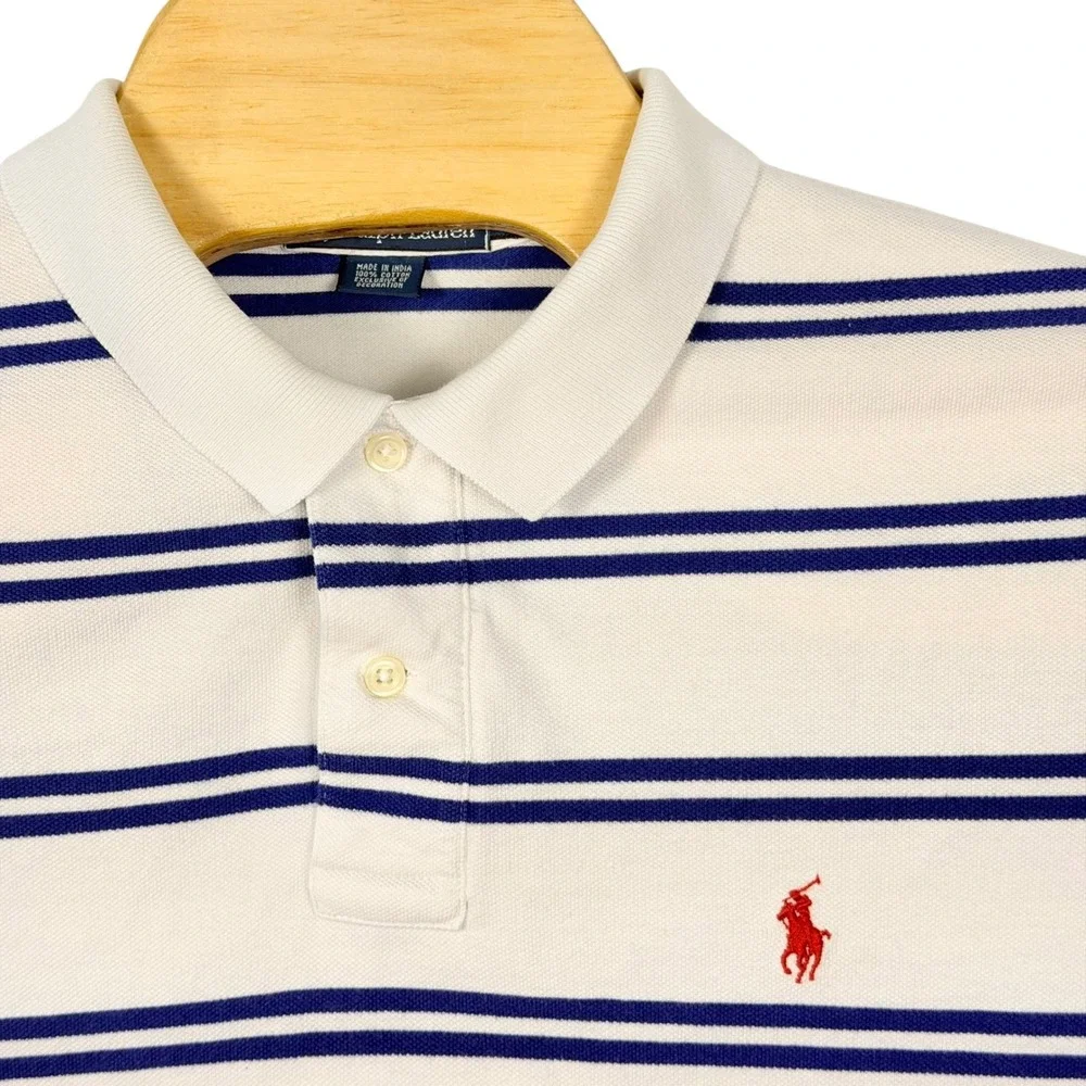 Vintage Polo Ralph Lauren Polo Shirt Men L Blue White Stripe Pony Pique Cotton